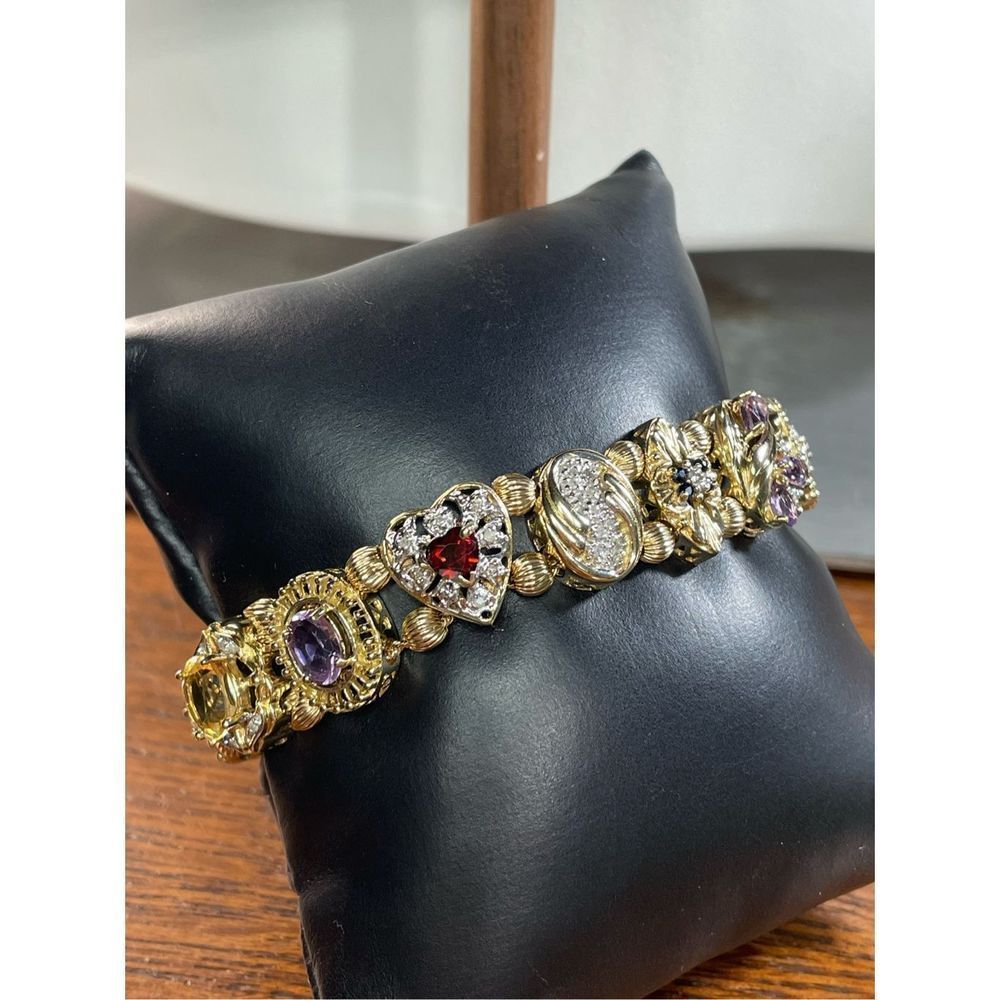 14K Yellow Gold Multicolor Gemstone Slide Bracelet 7” Long